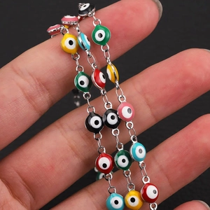 Colorful Evil Eye charm bracelet in 18K gold plated stainless steel with vibrant enamel beads