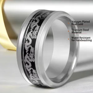 Titanium steel ring for men featuring a black Chinese dragon motif in silver tone