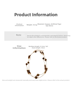 Detailed specs of long tiger eye beaded necklace with copper links and 91.5cm length