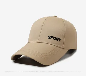 Detail view of khaki cotton baseball cap with black 'SPORT' embroidery on the side