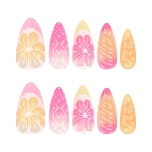 Faux ongles 3D motifs fruits citron et orange de forme amande pour femmes