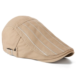Khaki cotton beret side view with four stitching lines and adjustable metal side buckle