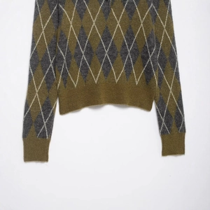 Classic argyle knit long-sleeved polo shirt in olive green and charcoal grey tones