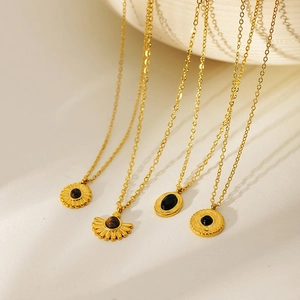 French retro gold sunflower necklaces with natural stone pendants on O-shaped chains