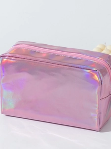 Pink holographic laser PU makeup bag with spacious rectangular shape and zipper