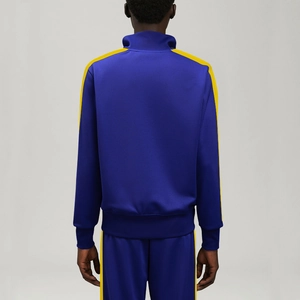 Men's royal blue tracksuit with yellow side stripes and stand collar, back view show