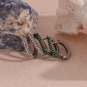 Minimalist silver stainless steel hoop earrings with white and green zircon stones