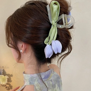 Süße Tulpe Schleife Haarklammer Acryl Stoff Blume Shark Clip Elegante Französische Stil Haarschmuck Für Damen