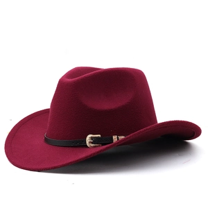 Classic wine red wool felt western cowboy hat with a leather band and gold buckle