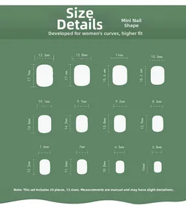 Detailed size chart for 24pcs short round press-on nails with 12 specific dimensions
