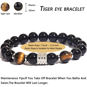 10mm Tiger Eye and Obsidian beaded elastic bracelet for men with silver spacer beads