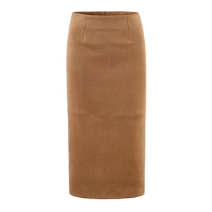 Brown high waist faux suede midi skirt in a straight fit with back slit for women