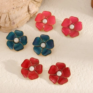 Colorful floral enamel stud earrings with white pearls in pink, green and red colors
