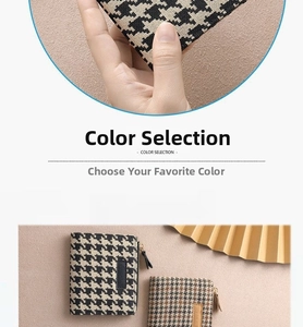 Detailed view of houndstooth mini coin purses in black and brown with metal zippers