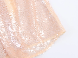 Macro shot of sparkling champagne sequins and mesh fabric on a luxury party gown