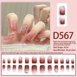 Macro detail of D567 gradient nude brown press-on nails with rhinestone accents