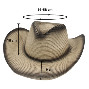 Detail view of foldable western straw cowboy hat showing size 56-58cm and 9cm wide brim