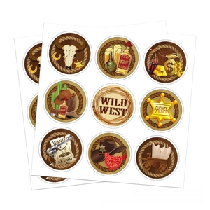 Détail d'autocollants thème cowboy western avec crâne de vache, étoile et chapeau