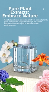 Close-up of square glass fragrance refill bottle with floral decorations on wood base