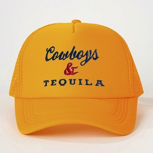 Close-up of bright yellow trucker hat with Cowboys and Tequila embroidery and mesh back
