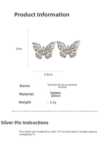 Macro detail of cubic zirconia butterfly earrings with 925 silver pins and dimensions