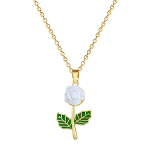 Elegant gold titanium necklace featuring a white rose pendant with green enamel leaves