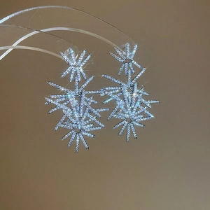 Macro shot of silver zircon starburst earrings with luxury pavé crystals on a stand