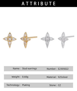 Macro shot of S925 silver star stud earrings in gold and silver with CZ stone details