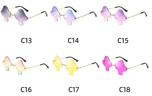 Collage of mushroom-shaped rimless sunglasses in six vibrant gradient color options