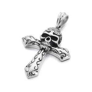 Punk gothic sterling silver finish cross pendant with skull detail and flame patterns