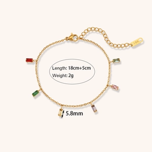 18K gold plated chain bracelet featuring six vibrant rectangular multi-colored zircons