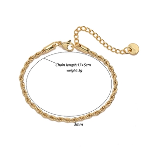 3mm gold stainless steel rope chain bracelet with lobster clasp and extension chain