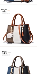 Detail view of stylish color-block tote bags with elegant pearl bow and fur ball charms
