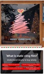 Close-up of pink Christmas tree static window sticker with Merry Christmas text on glass