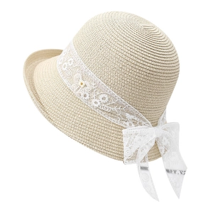 French style straw sun hat with floral lace ribbon and bow for beach vacation