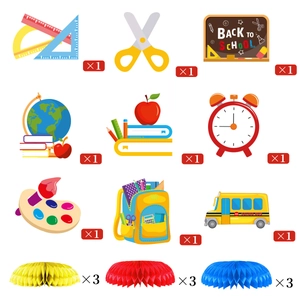Detailed component list of back to school theme honeycomb centerpieces and stationery