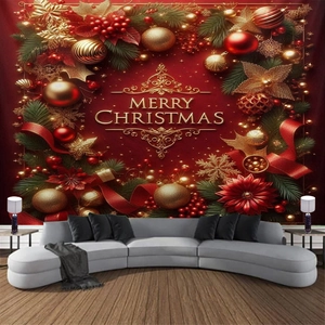 Red Christmas tapestry with gold Merry Christmas lettering and festive pine needles