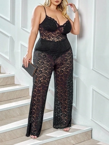 Elegant black lace jumpsuit for women with deep V-neck and floral hollow-out pattern