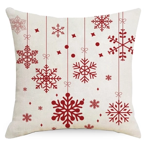 Christmas red snowflake and bow pattern pillowcase on beige linen blend fabric