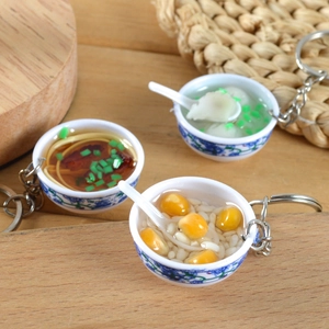 Miniature Chinese blue and white porcelain bowl keychains with realistic food models