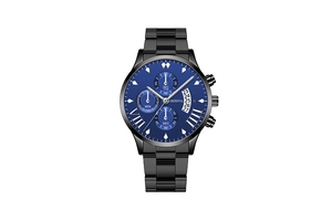 Detail of blue quartz watch dial with three chronographs and date display on black steel
