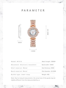Detailed size chart of rose gold quartz watch with rhinestones and Roman numerals dial