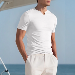 Men's white stretch Henley V-neck t-shirt and pants set for summer casual vacation