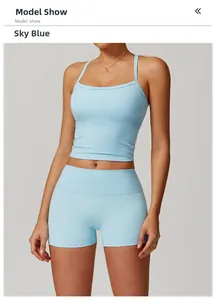Sky blue padded sports vest with skinny straps and matching high waist shorts