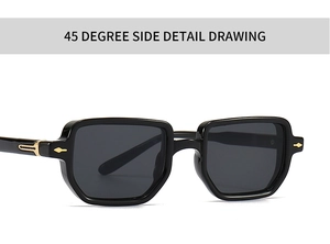 45-degree side view showing gold arrow metal detail on black retro sunglasses frame