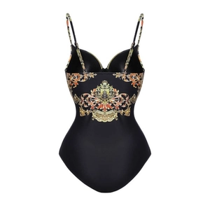 One-piece swimsuit in black with golden baroque floral print and adjustable straps