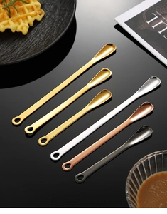 Detailed view of six mini 304 stainless steel spoons in assorted metallic colors