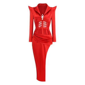 Elegant red satin long sleeve dress with structured shoulders and waist tie detailing
