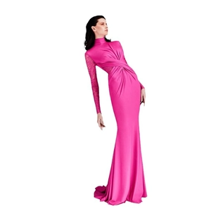 Elegant magenta fishtail evening gown featuring lace sleeves and a sleek satin finish