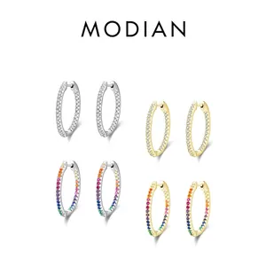 Elegant 925 sterling silver hoop earrings with white and rainbow cubic zirconia stones